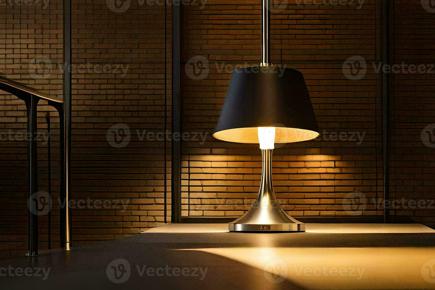 a modern lamp on a table in front of a brick wall. AI-Generated photo