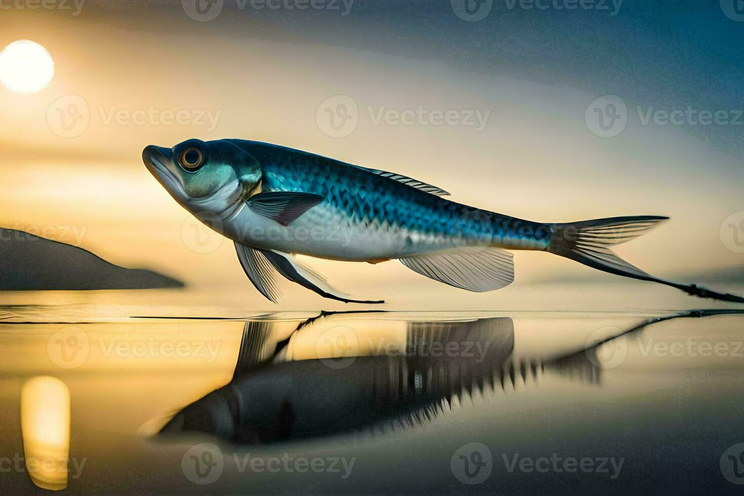 a fish is floating on the water at sunset. AI-Generated photo