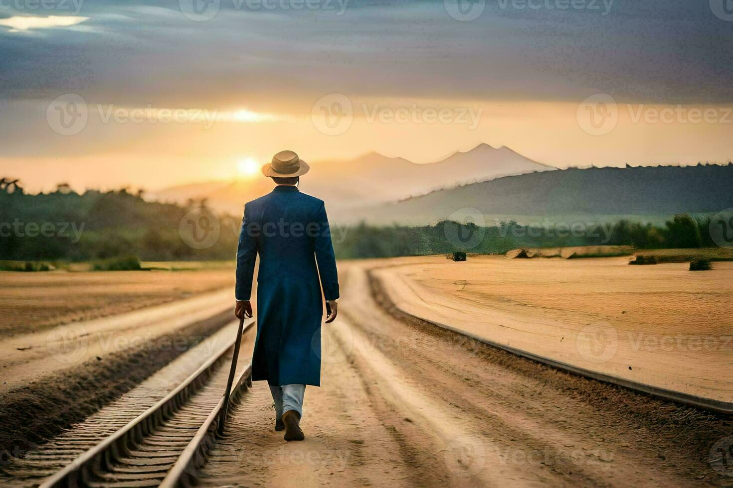 a man in a blue suit walks along railroad tracks. AI-Generated photo