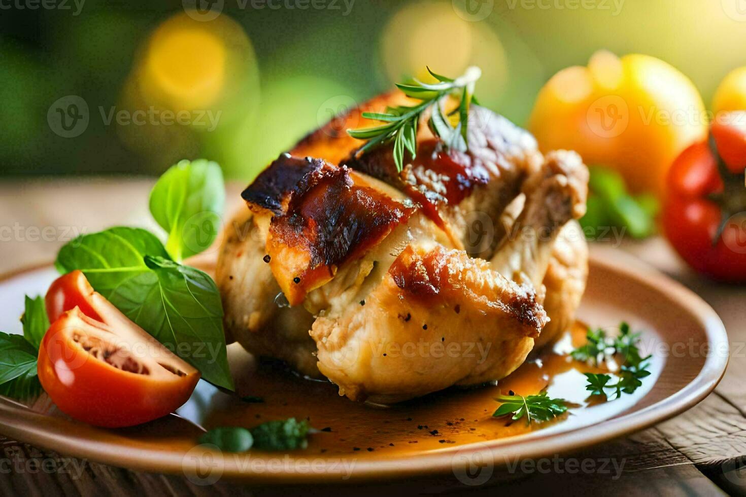 un pollo en un plato con Tomates y hierbas. generado por ai foto