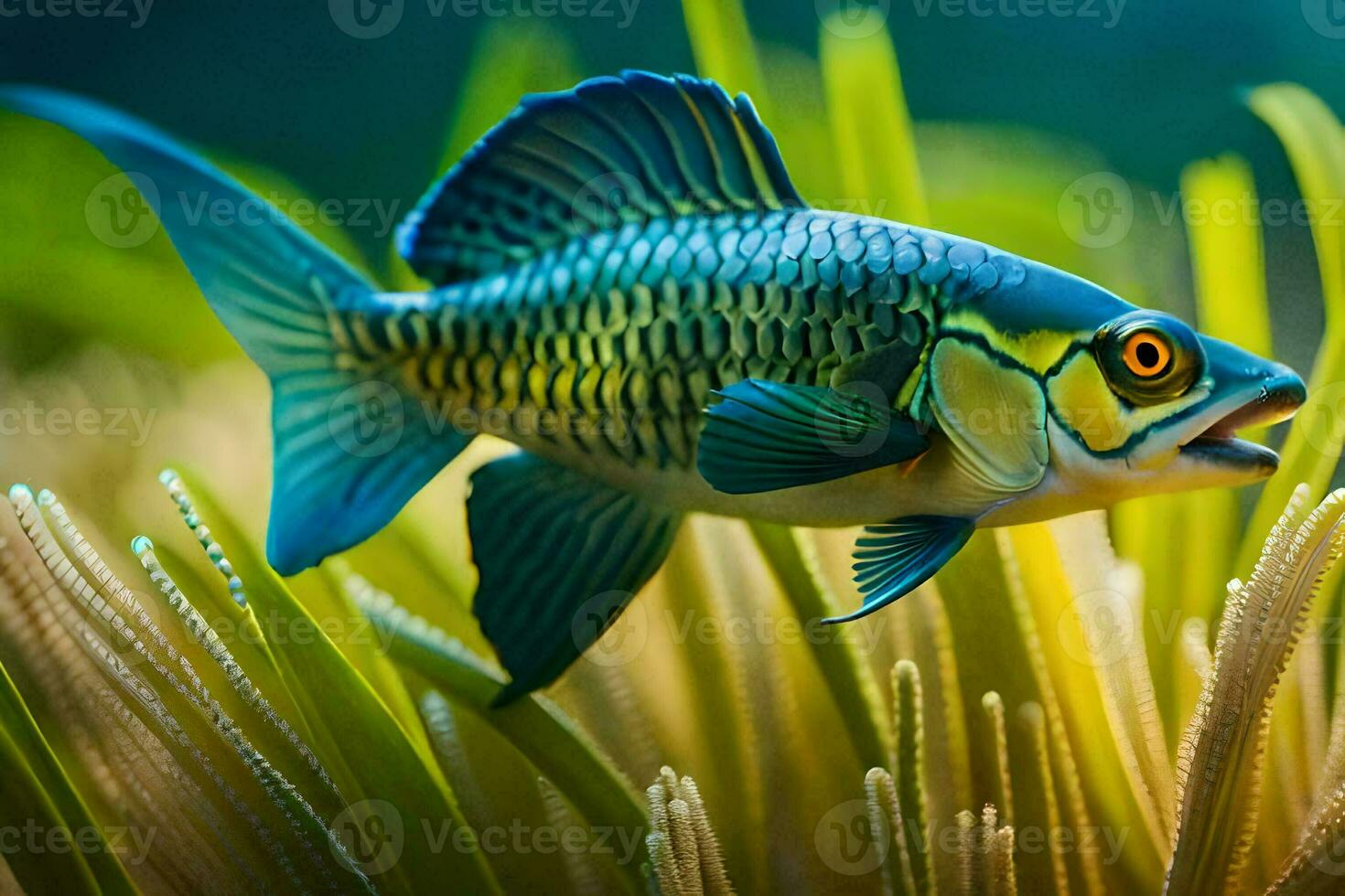 a fish in the water with grass and plants. AI-Generated photo