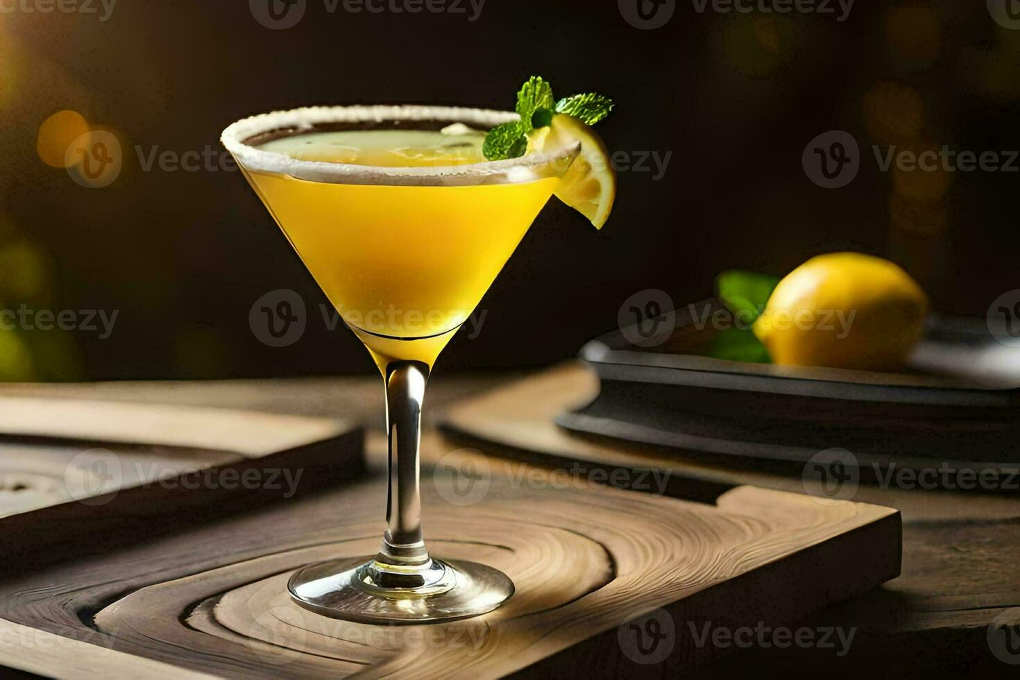 a cocktail with lemon and mint on a wooden tray. AI-Generated photo