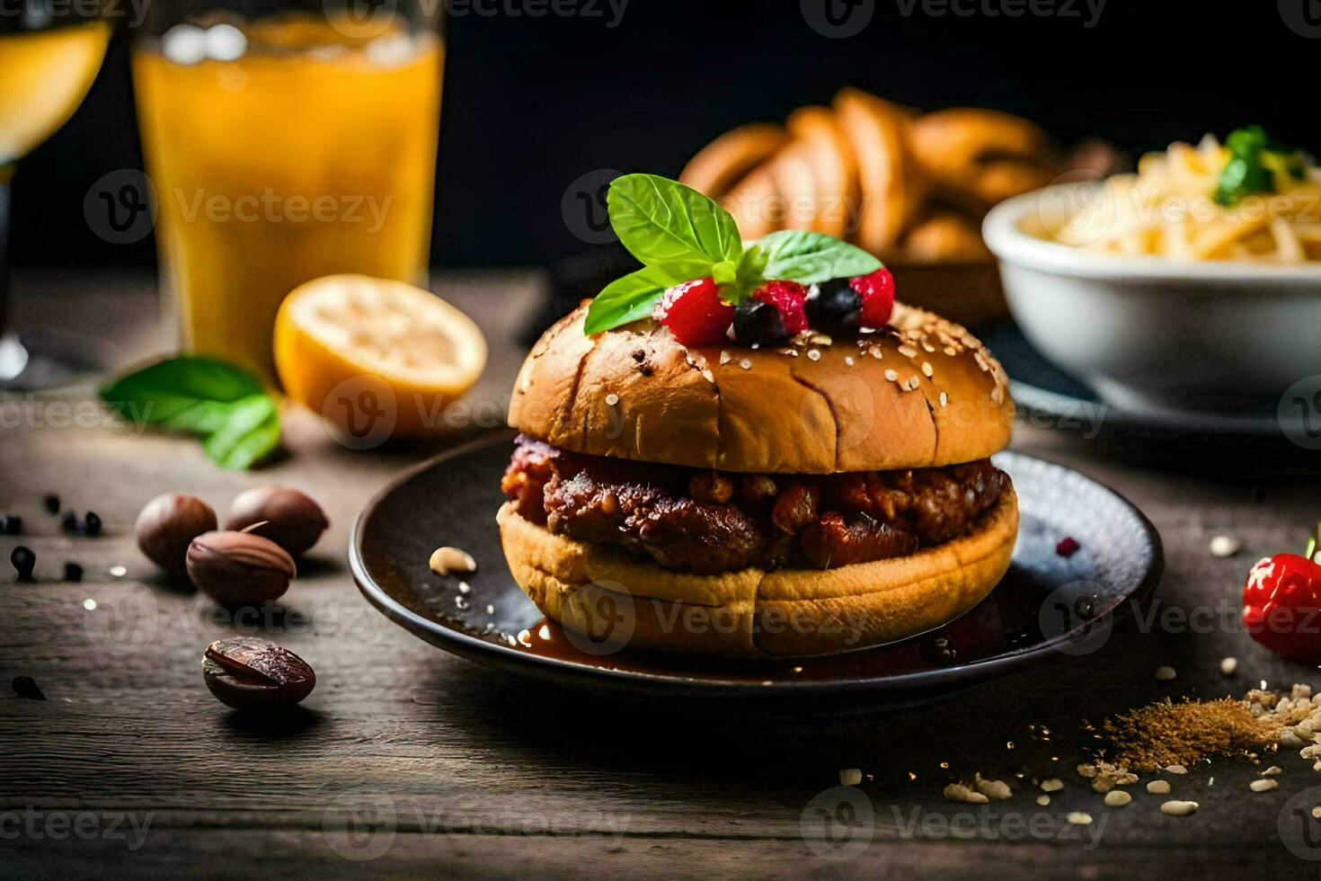 a hamburger with meat, cheese and vegetables on a plate. AI-Generated photo
