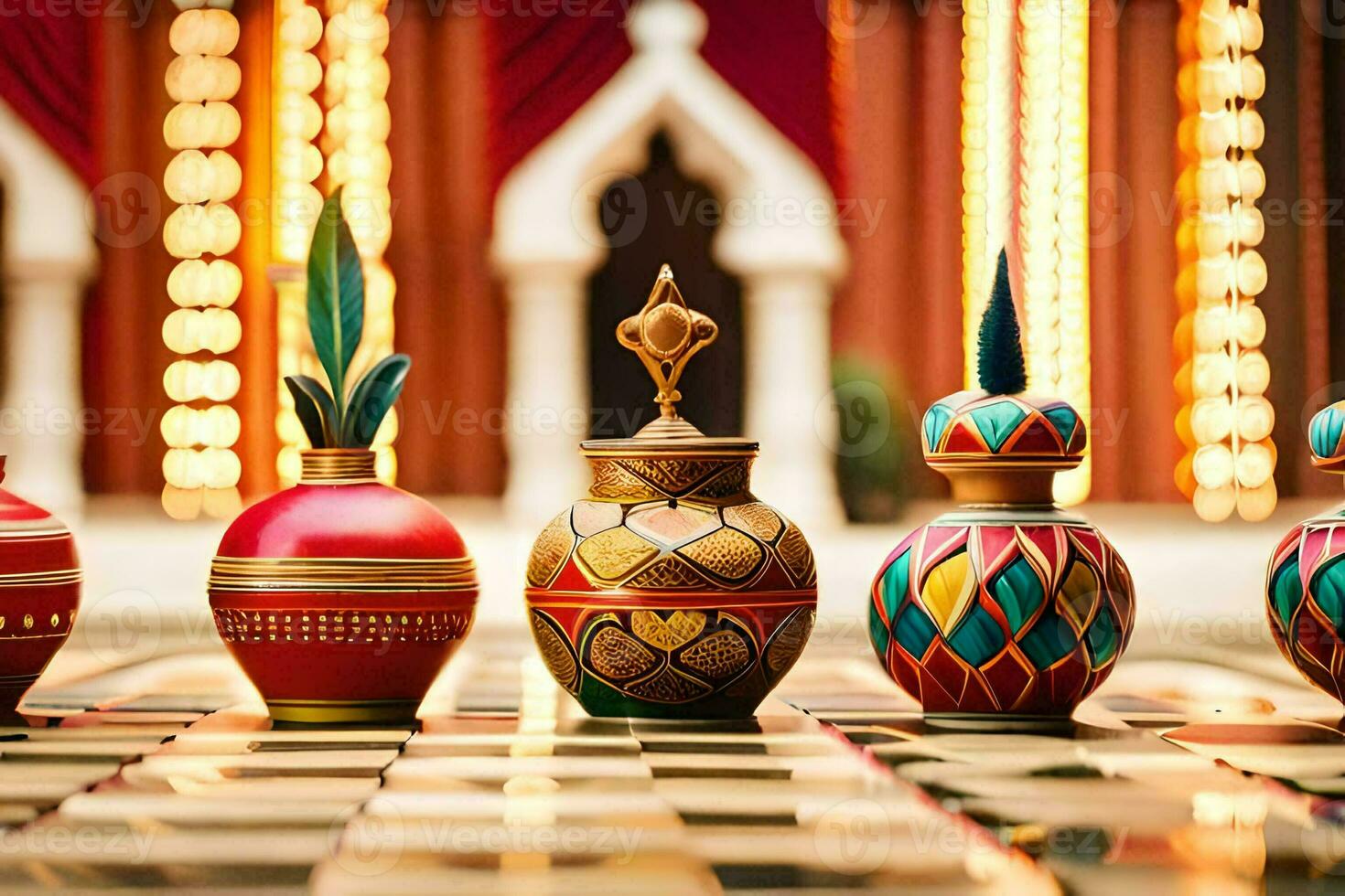 a row of colorful vases on a checkered floor. AI-Generated photo