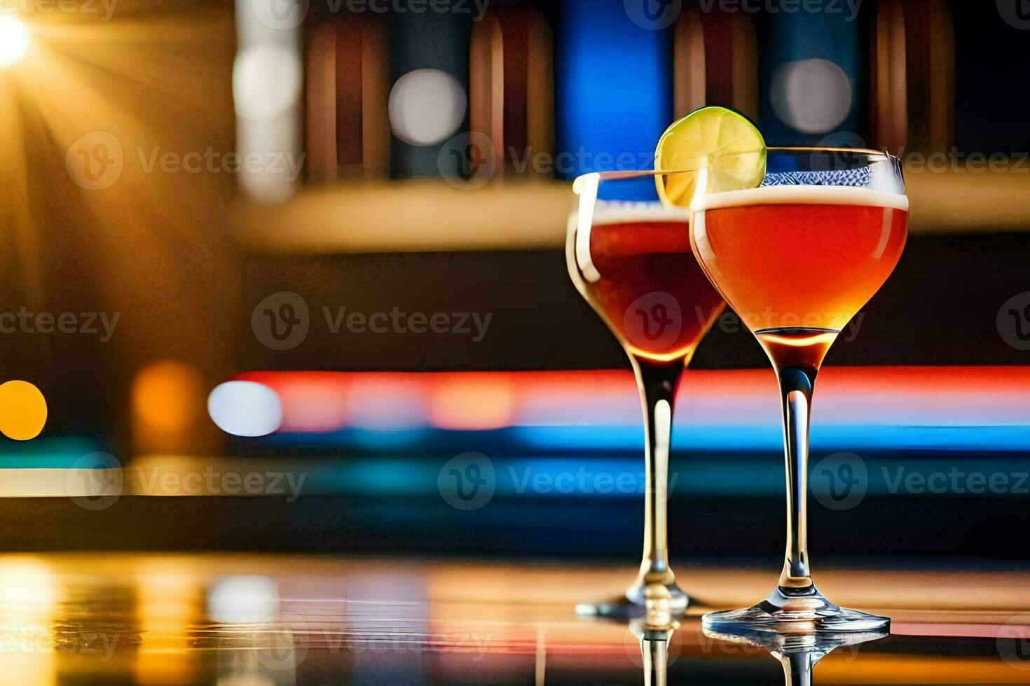 two glasses of alcohol on a bar counter. AI-Generated photo