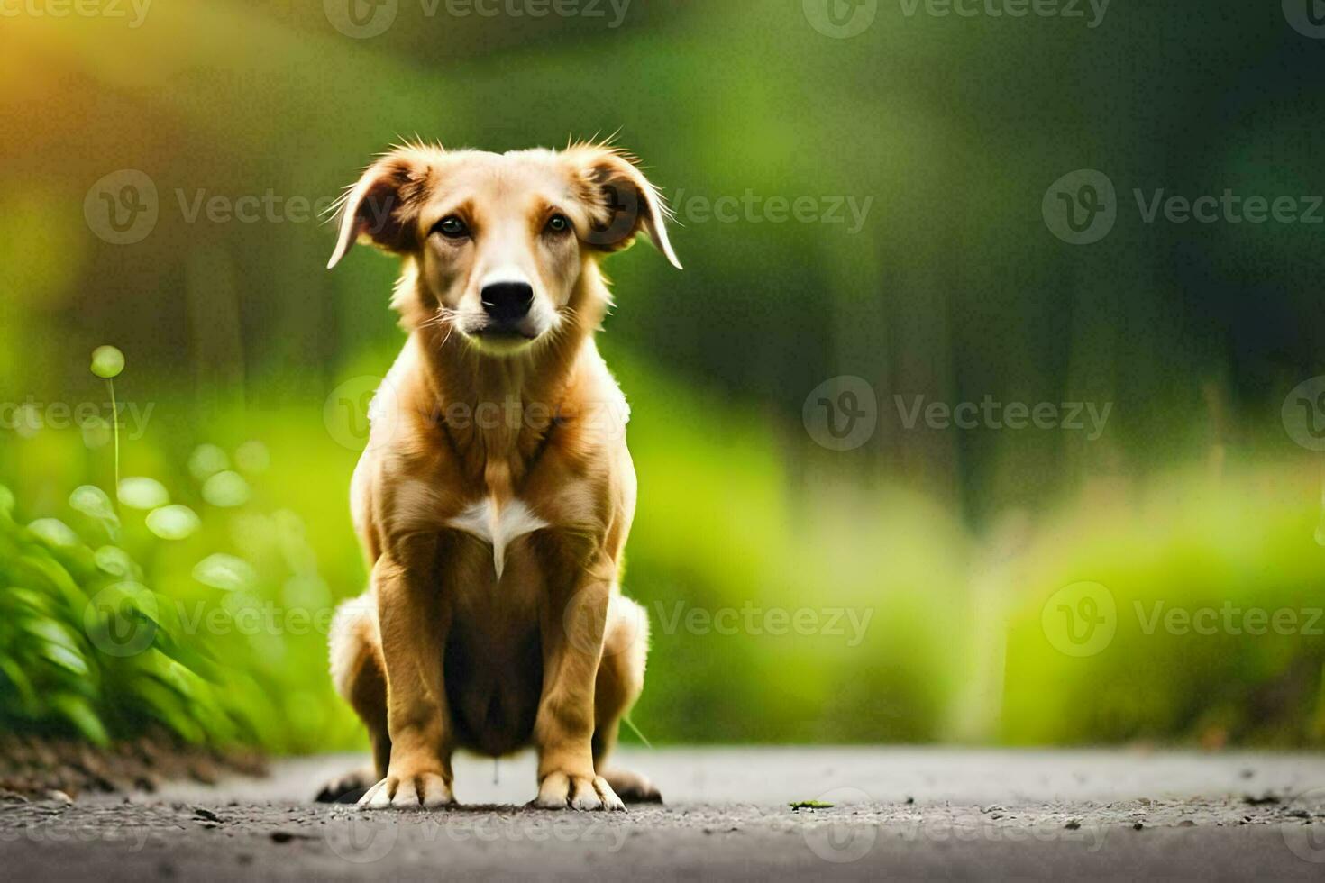 a dog sitting on the road in front of a green field. AI-Generated photo