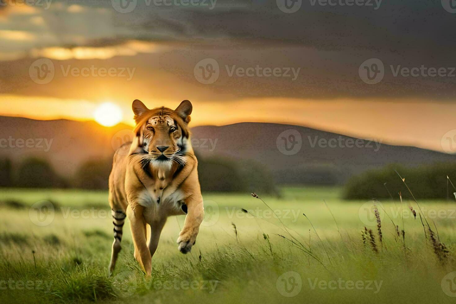 a tiger running across a field at sunset. AI-Generated photo