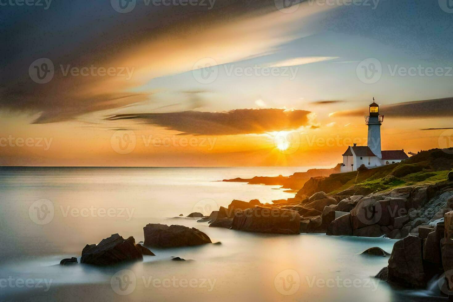 a lighthouse is seen in the sunset. AI-Generated photo
