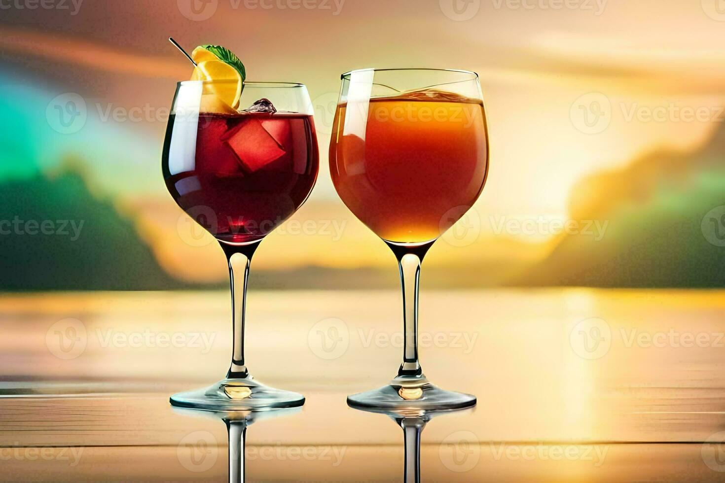two glasses of wine with a sunset in the background. AI-Generated photo