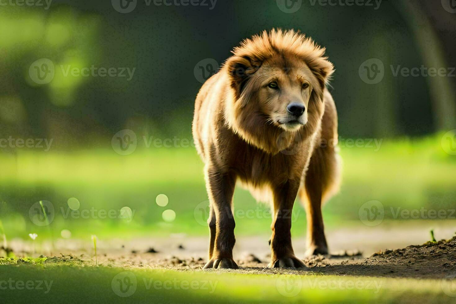 a lion walking on the dirt road. AI-Generated photo