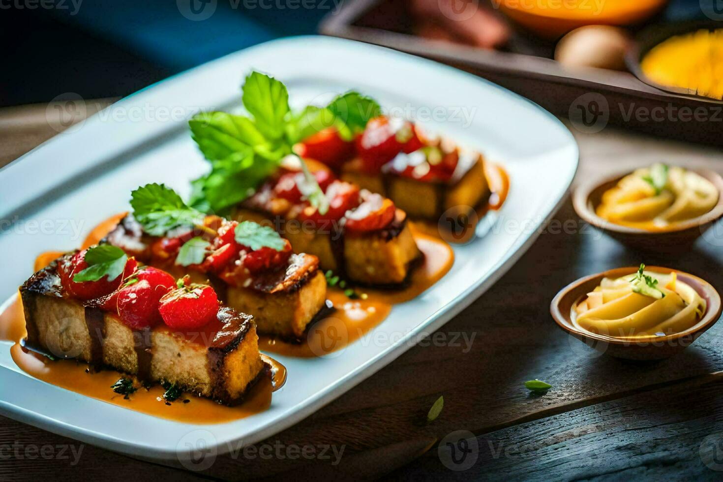 a plate of food with tofu and sauce. AI-Generated photo