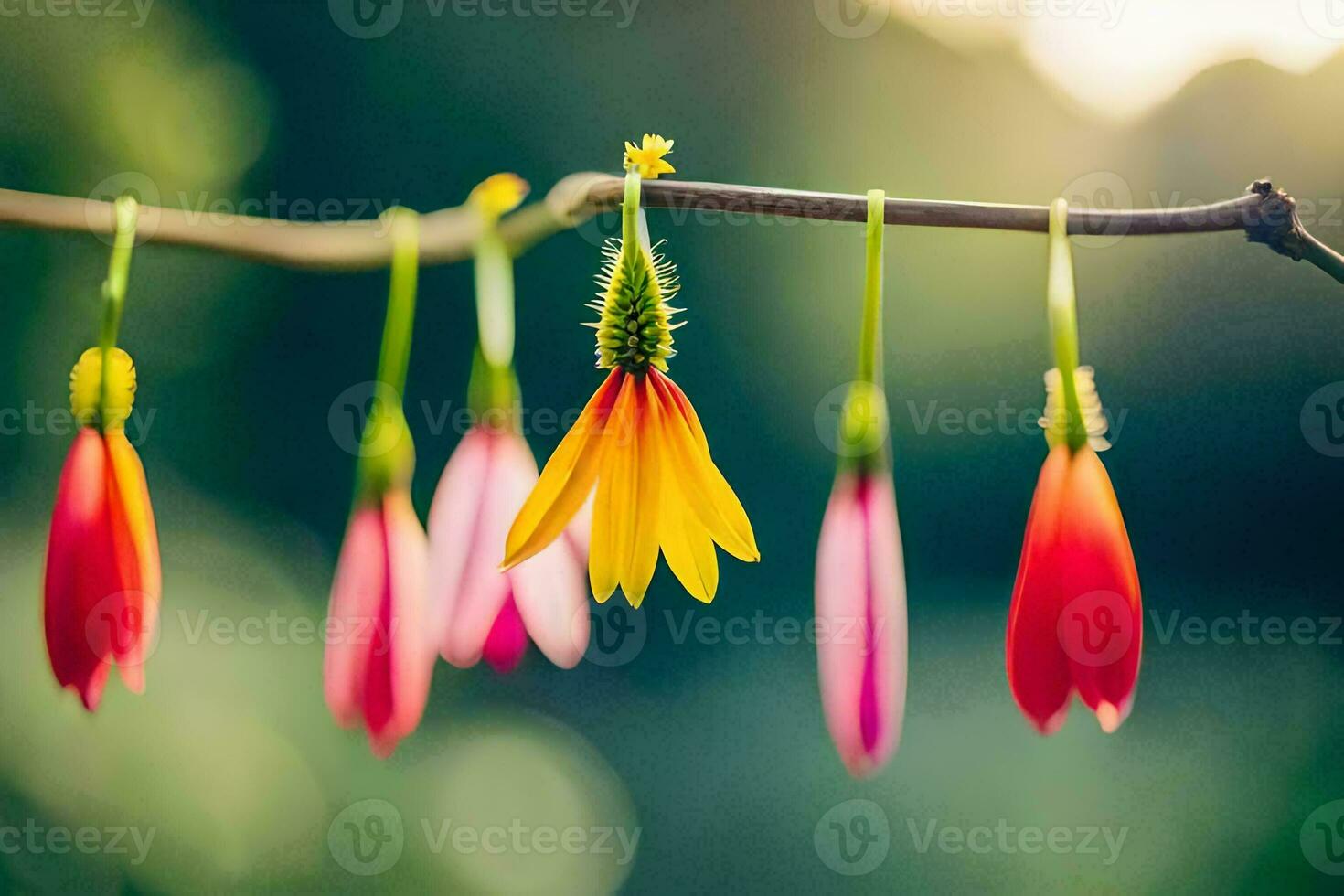 colorful flowers hanging from a branch. AI-Generated photo