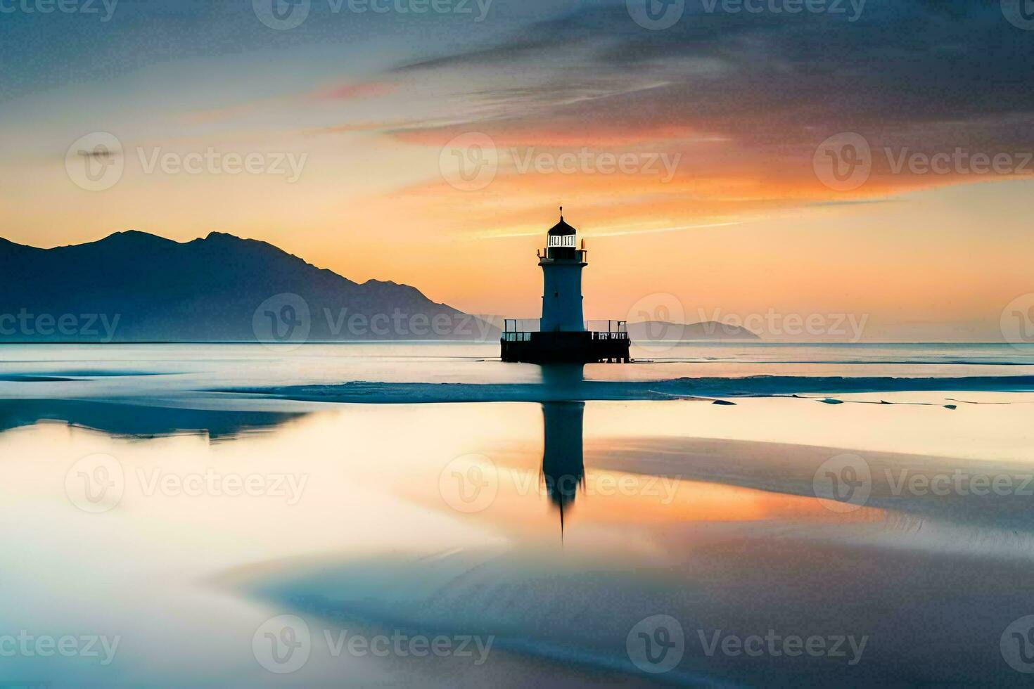 a lighthouse stands on the shore of a lake at sunset. AI-Generated photo