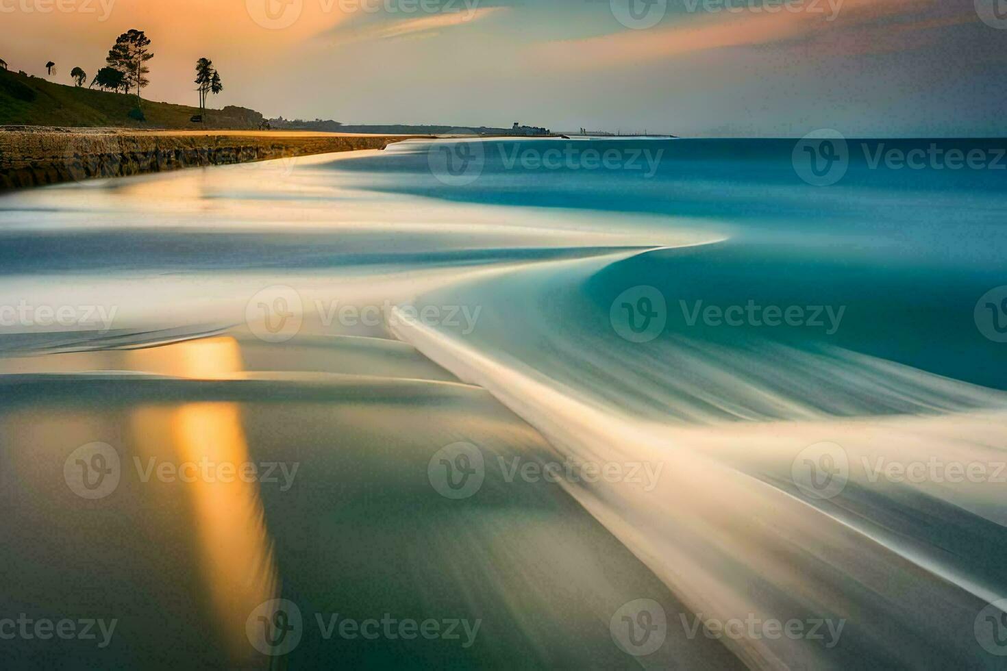 un largo exposición fotografía de olas estrellarse en el playa. generado por ai foto