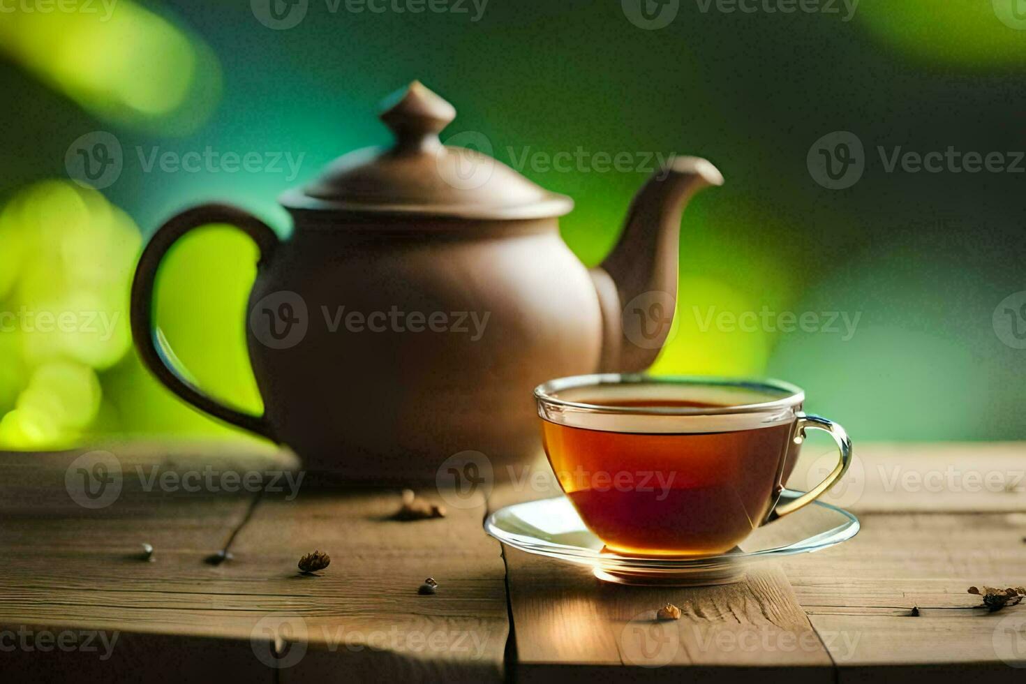 a cup of tea on a wooden table. AI-Generated photo