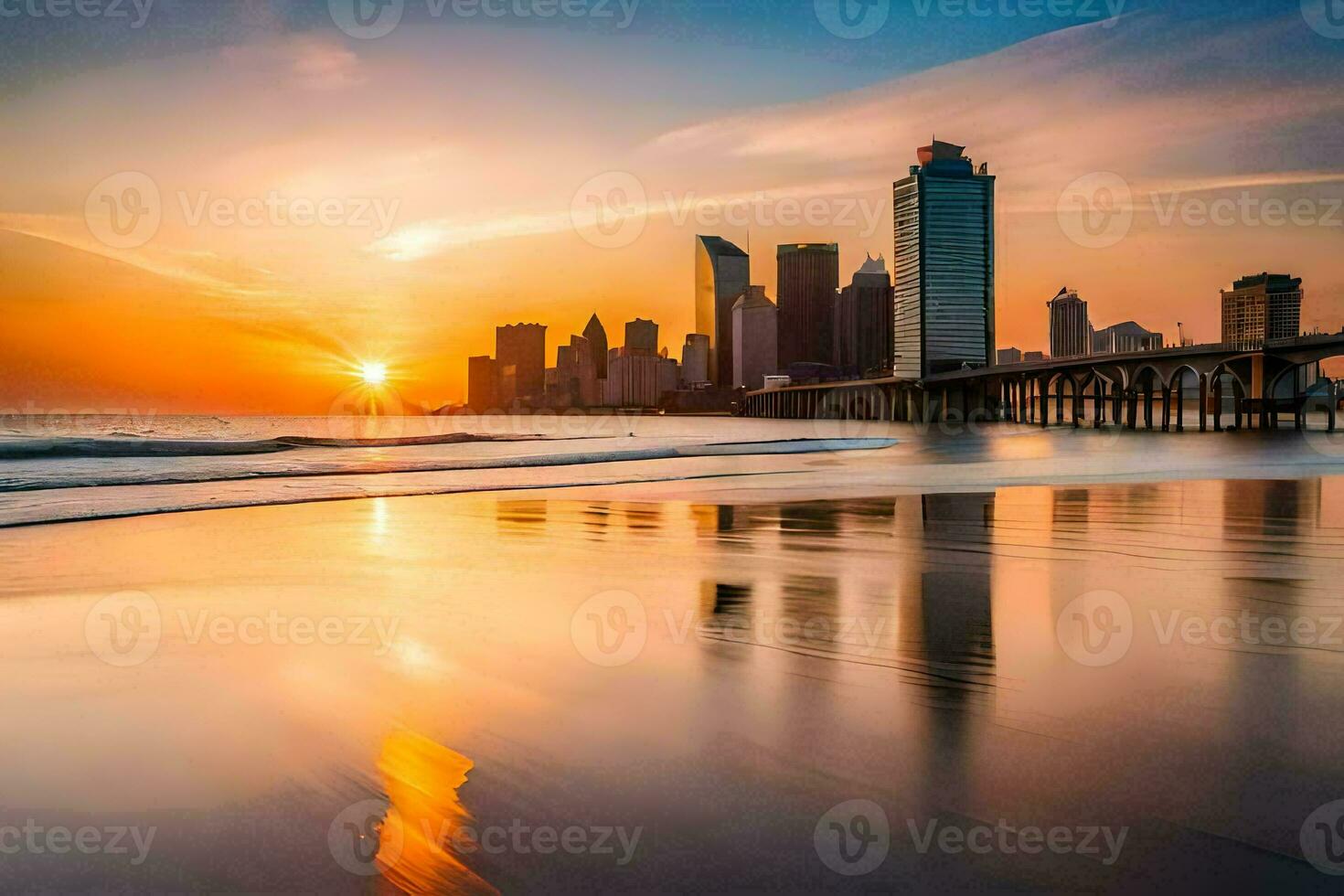 the sun sets over the city skyline in this photo. AI-Generated photo