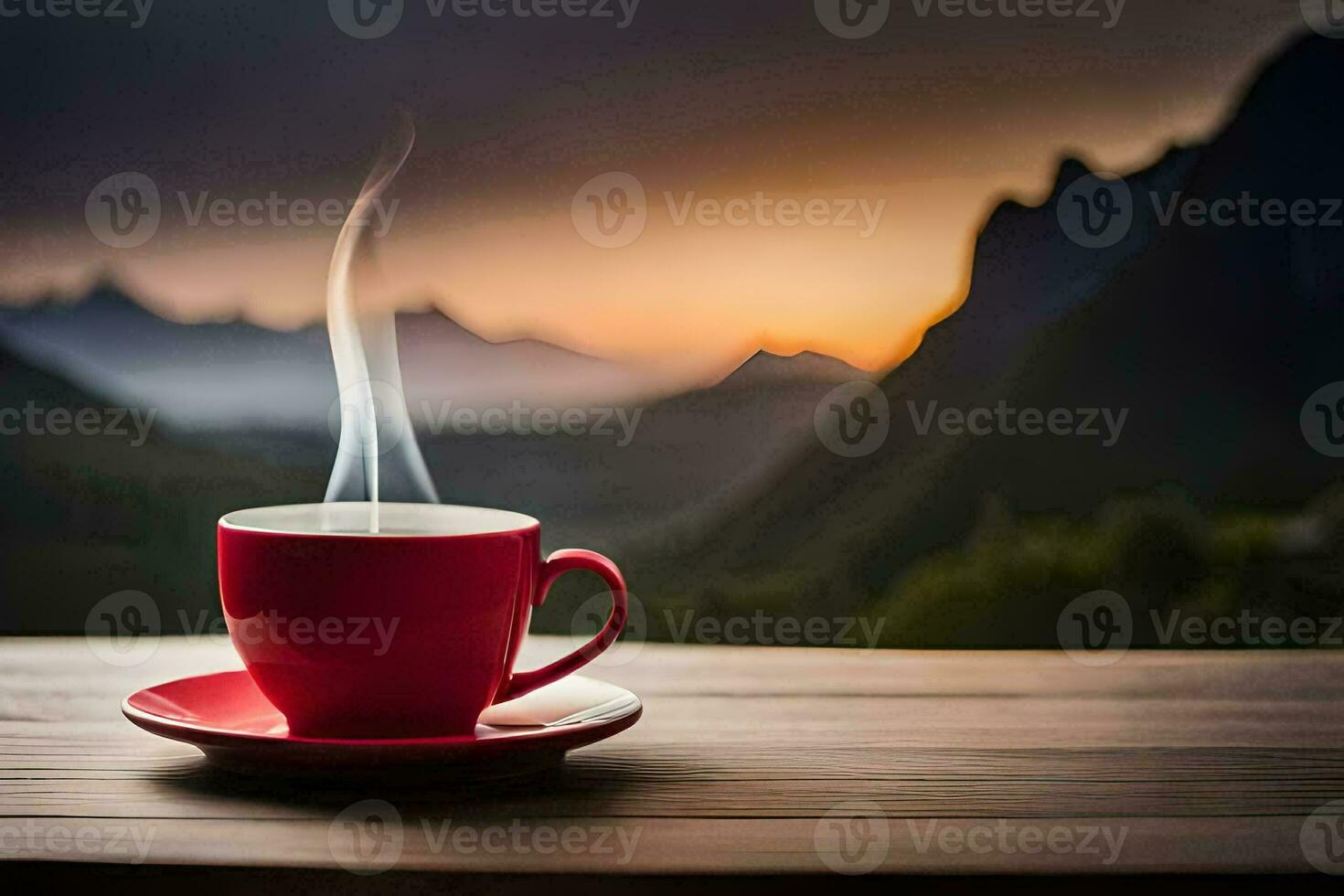 coffee cup, the sky, mountains, sunrise, sunrise, the sun, the sun,. AI-Generated photo