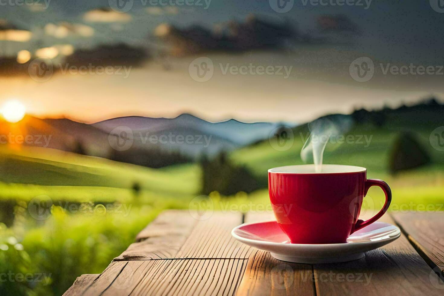 coffee cup on the table in the mountains. AI-Generated photo