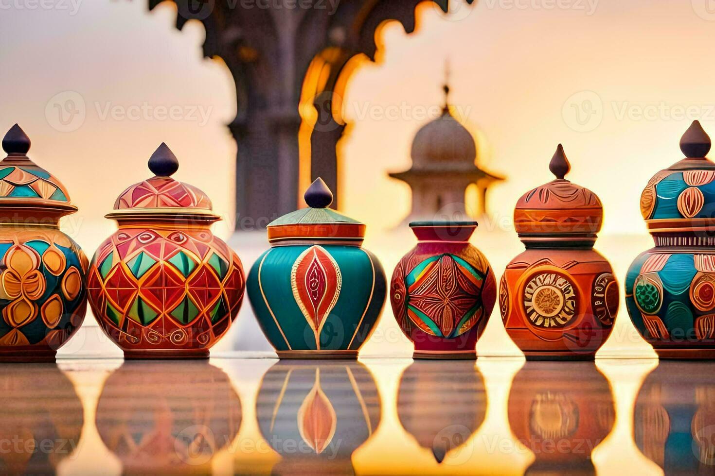 a row of colorful vases lined up on a table. AI-Generated photo