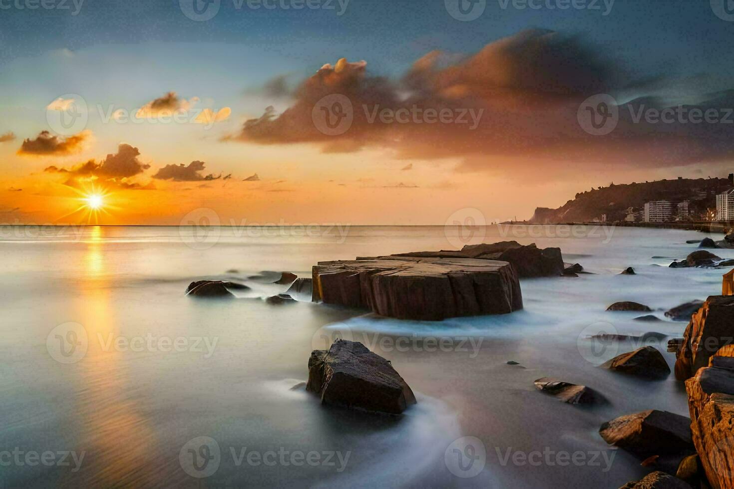 the sun sets over the ocean and rocks. AI-Generated photo