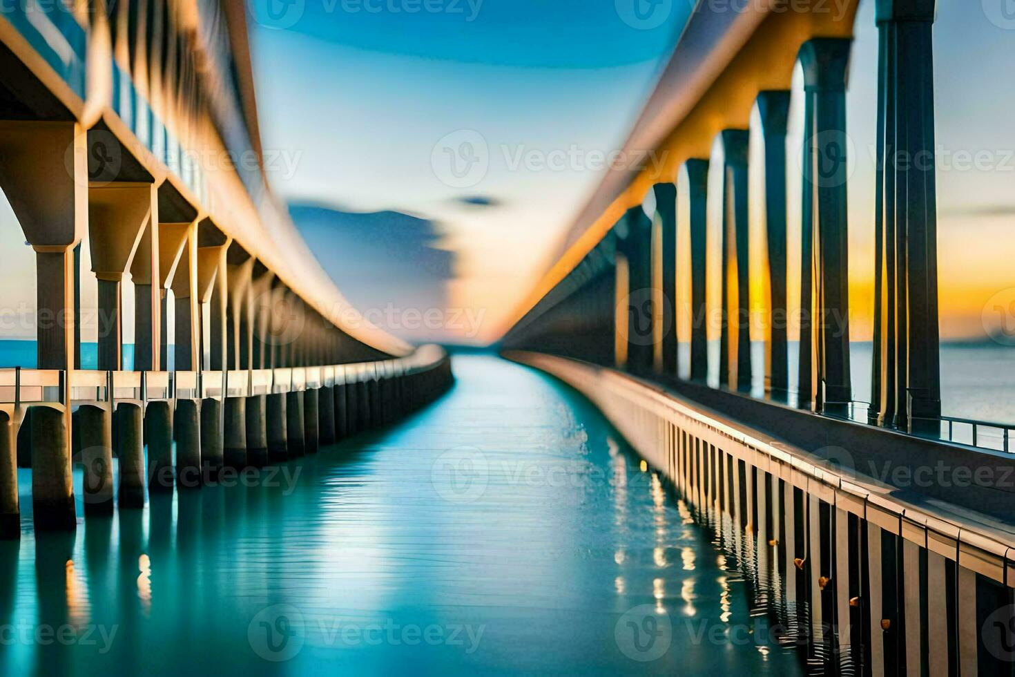 a long bridge with water flowing under it at sunset. AI-Generated photo