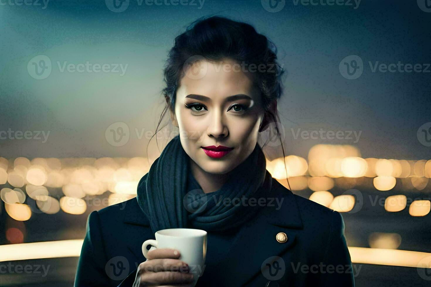 a woman holding a cup of coffee in front of a city at night. AI-Generated photo