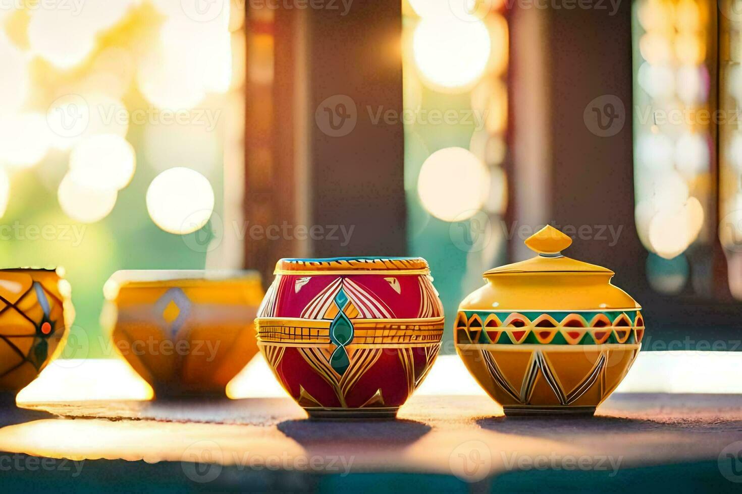three colorful vases are lined up on a table. AI-Generated photo