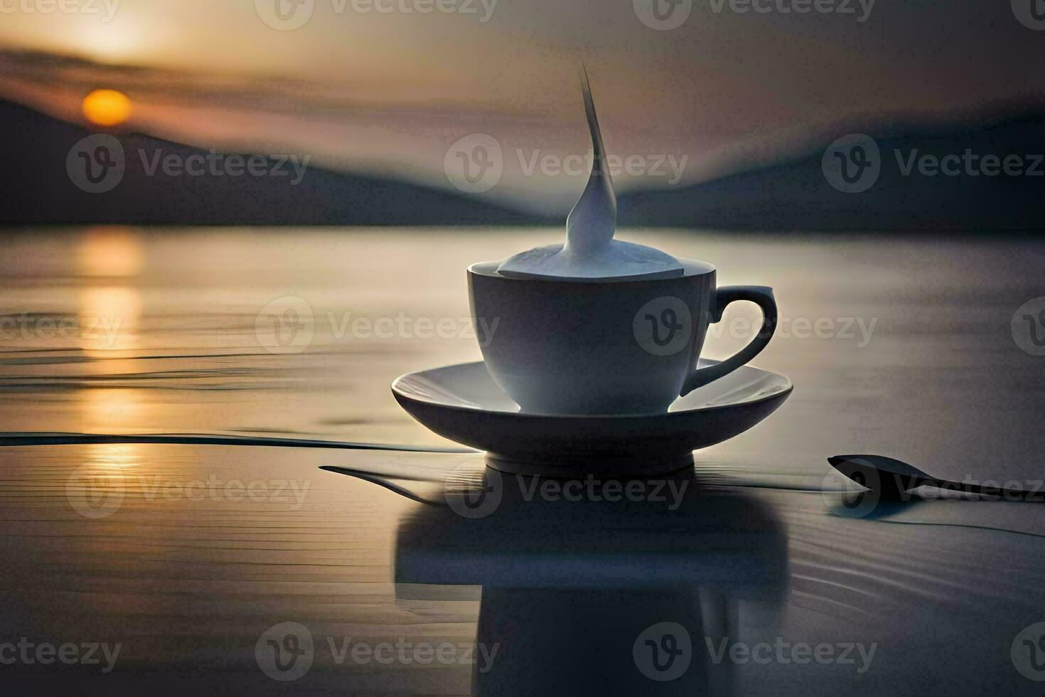 coffee cup, the sun, water, lake, sunrise, the lake, the lake,. AI-Generated photo