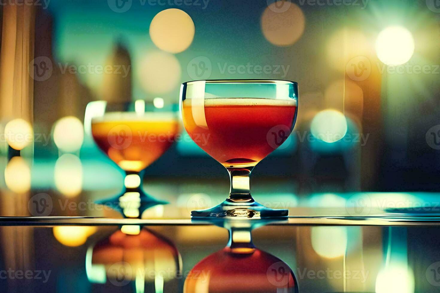 two glasses of orange juice on a table in front of a city skyline. AI-Generated photo