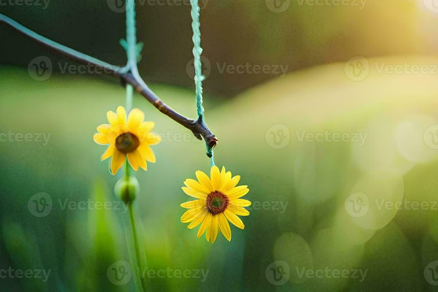 two yellow flowers hanging from a branch. AI-Generated photo