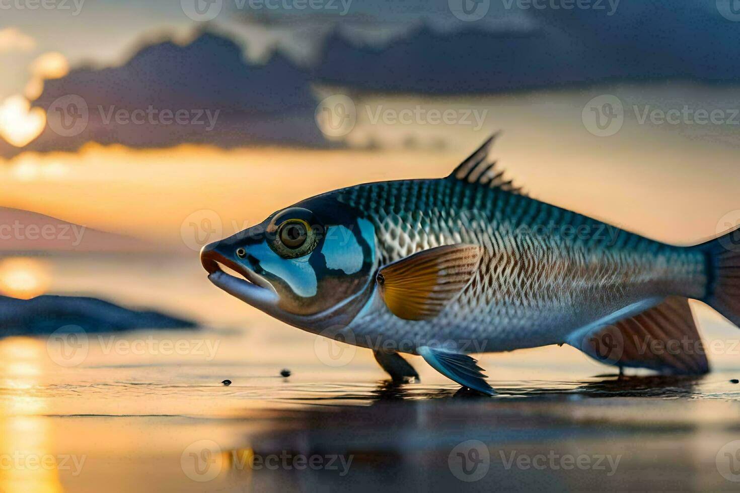 a fish is standing on the beach at sunset. AI-Generated photo