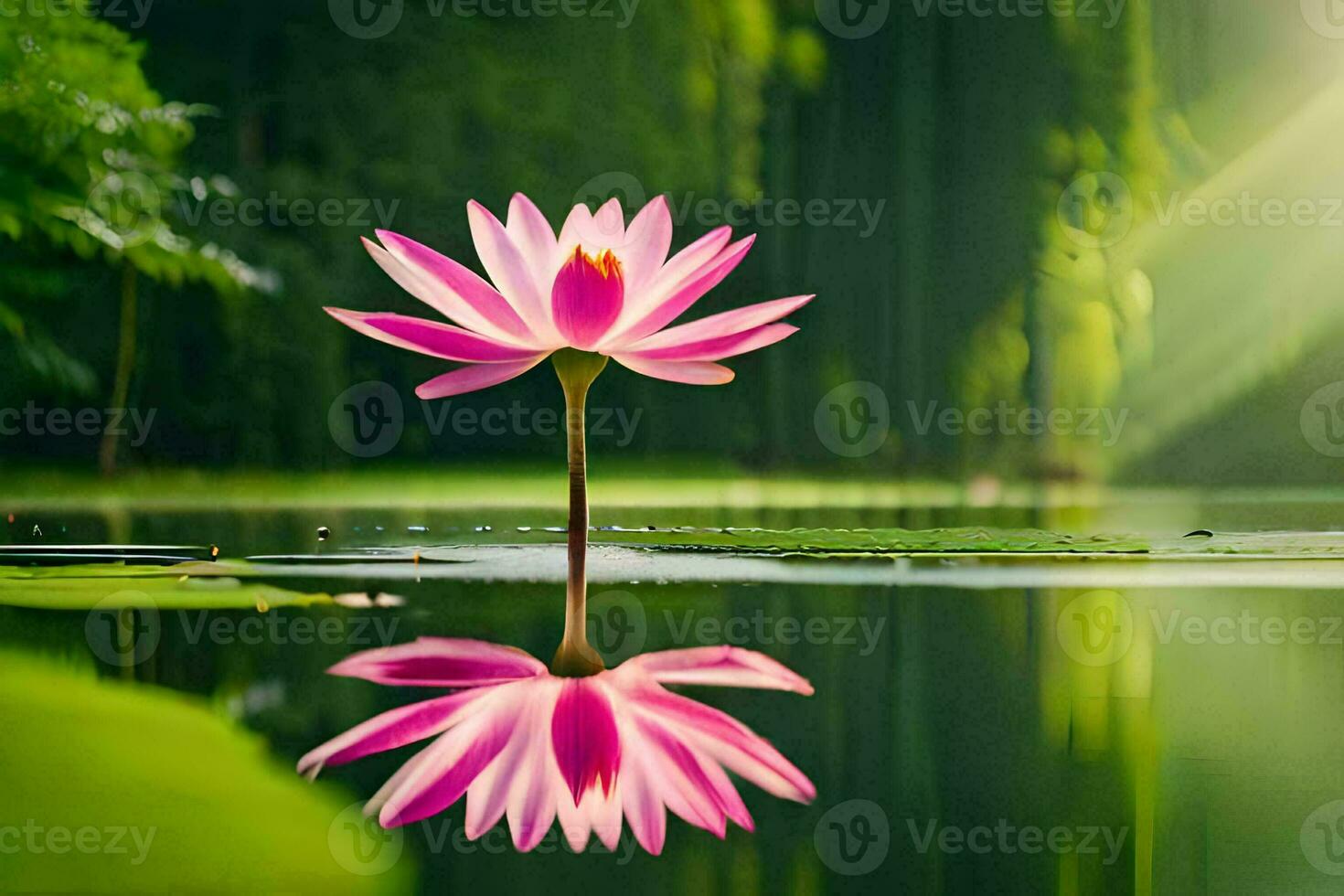 a pink lotus flower is reflected in the water. AI-Generated photo