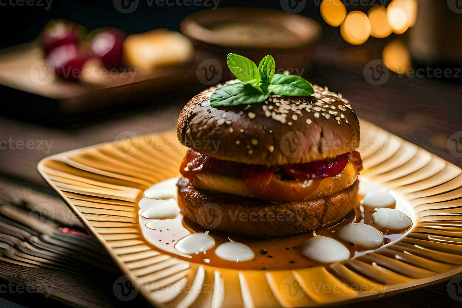 a hamburger with sauce and cheese on a plate. AI-Generated photo