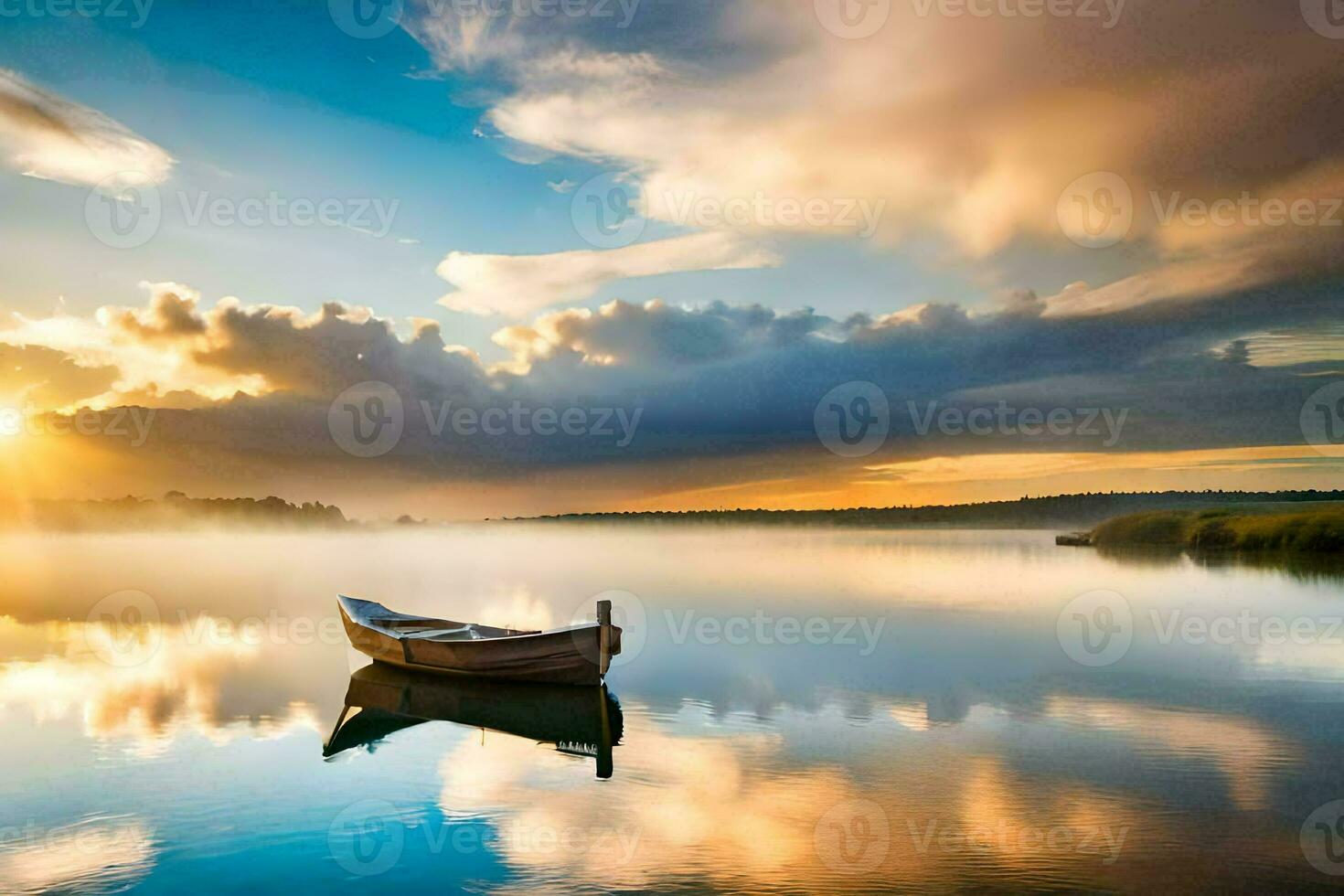 a boat on the calm water at sunrise. AI-Generated photo