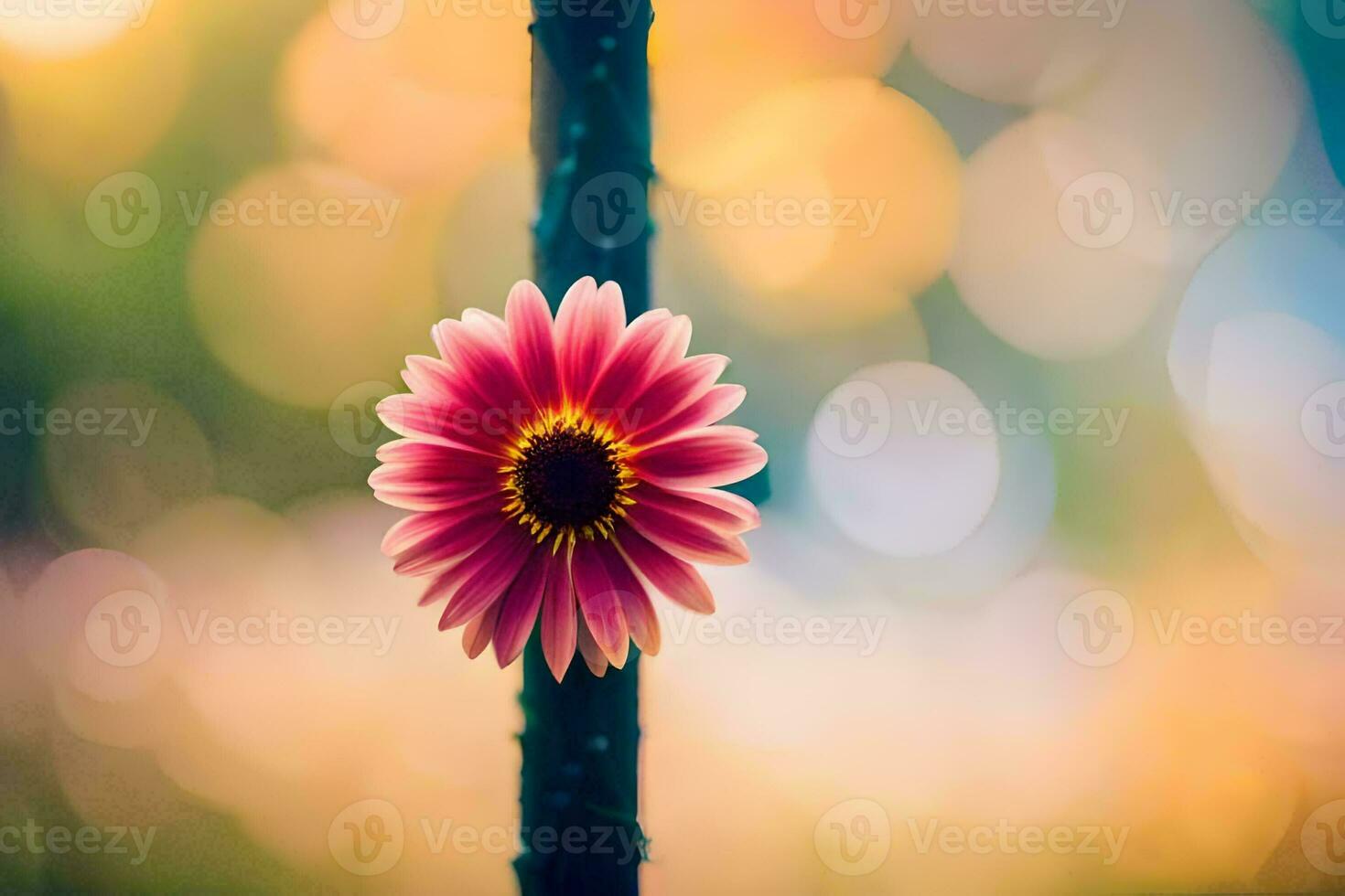 a pink flower is standing on a stick. AI-Generated photo