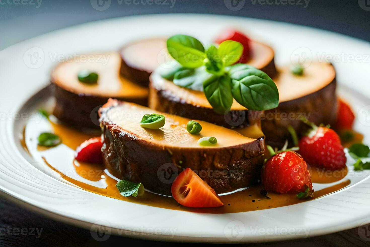 a plate topped with a piece of meat and strawberries. AI-Generated photo