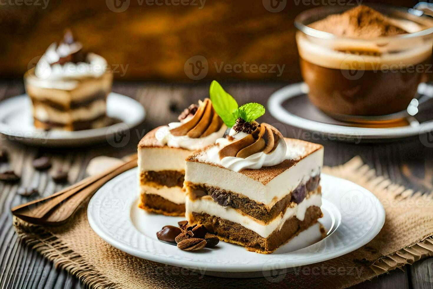 the cake is served with coffee and mint leaves. AI-Generated photo