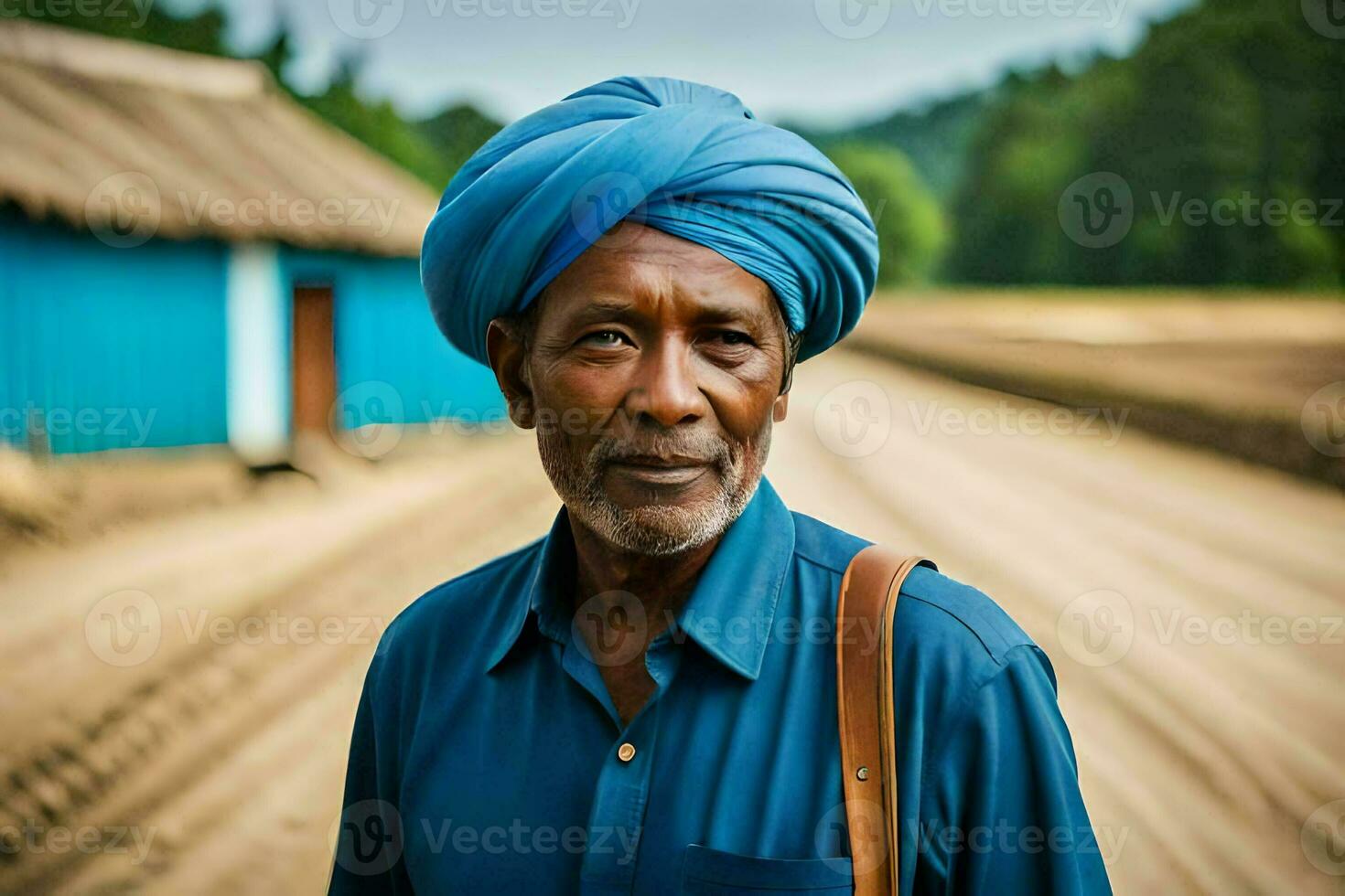 a man in a turban stands in front of a blue house. AI-Generated photo