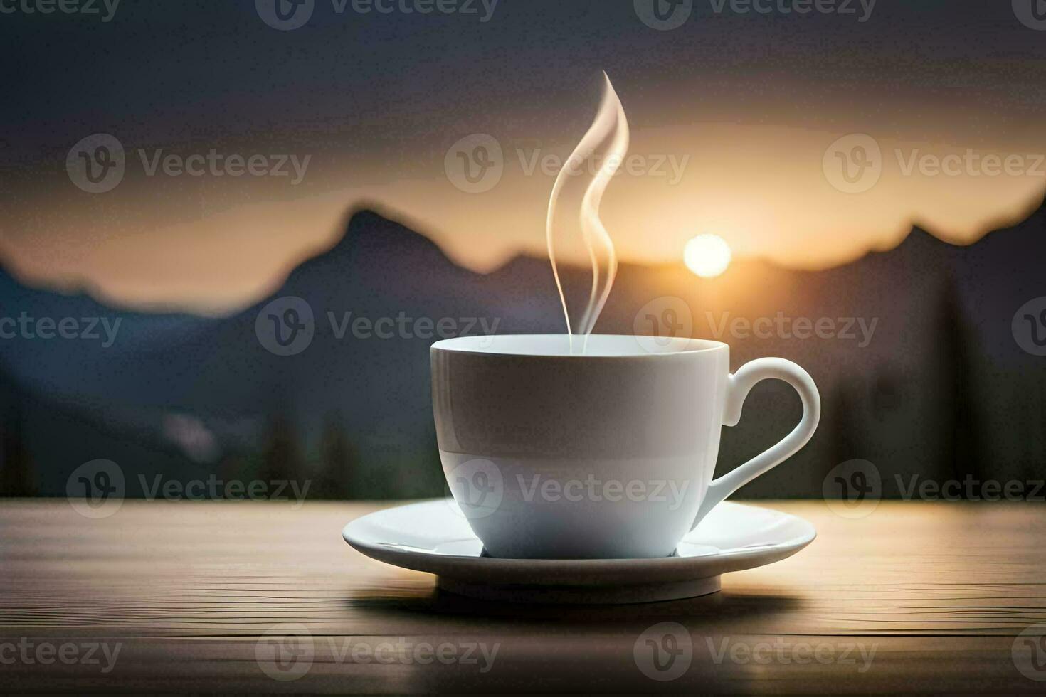 a cup of coffee on a table with mountains in the background. AI-Generated photo