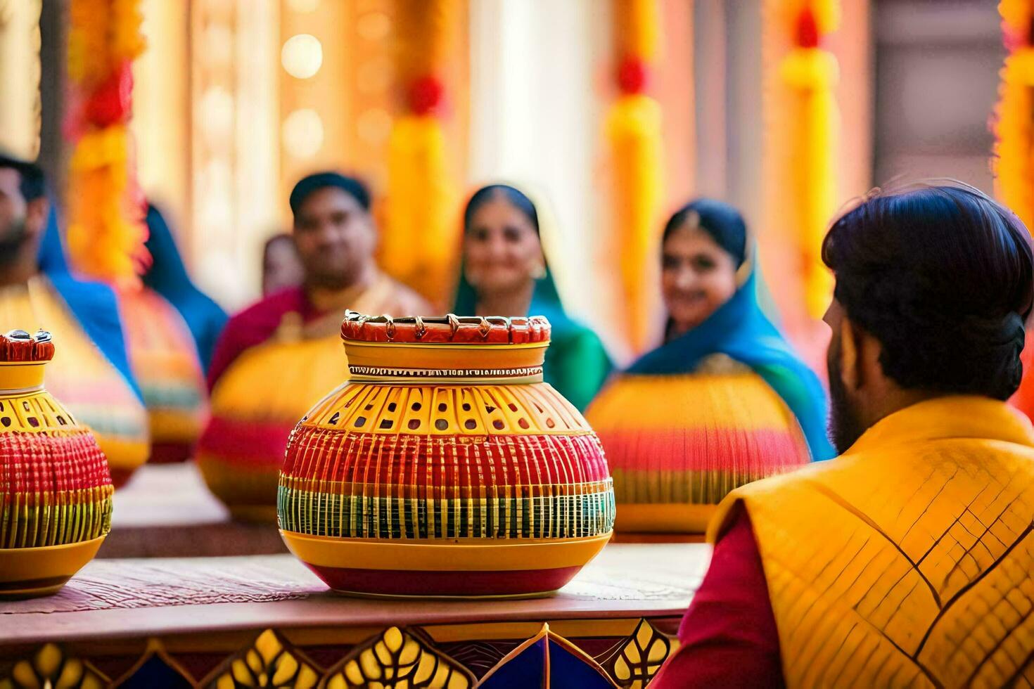 a group of people sitting around a table with colorful vases. AI-Generated photo