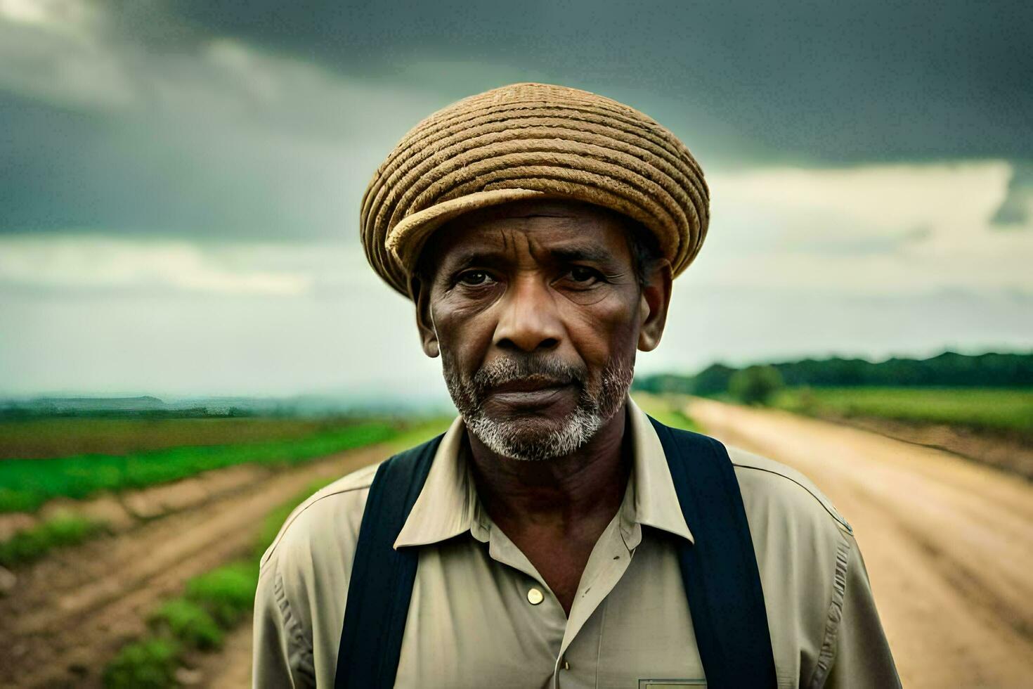 a man in a hat standing in a dirt road. AI-Generated photo