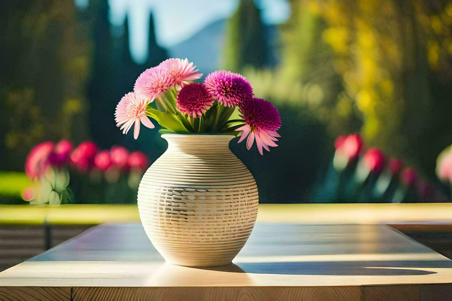 un florero con rosado flores en un mesa. generado por ai foto