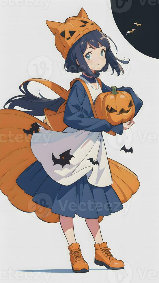 preparando para Víspera de Todos los Santos un linda joven niña y su calabaza en anime estilo con sencillo antecedentes foto