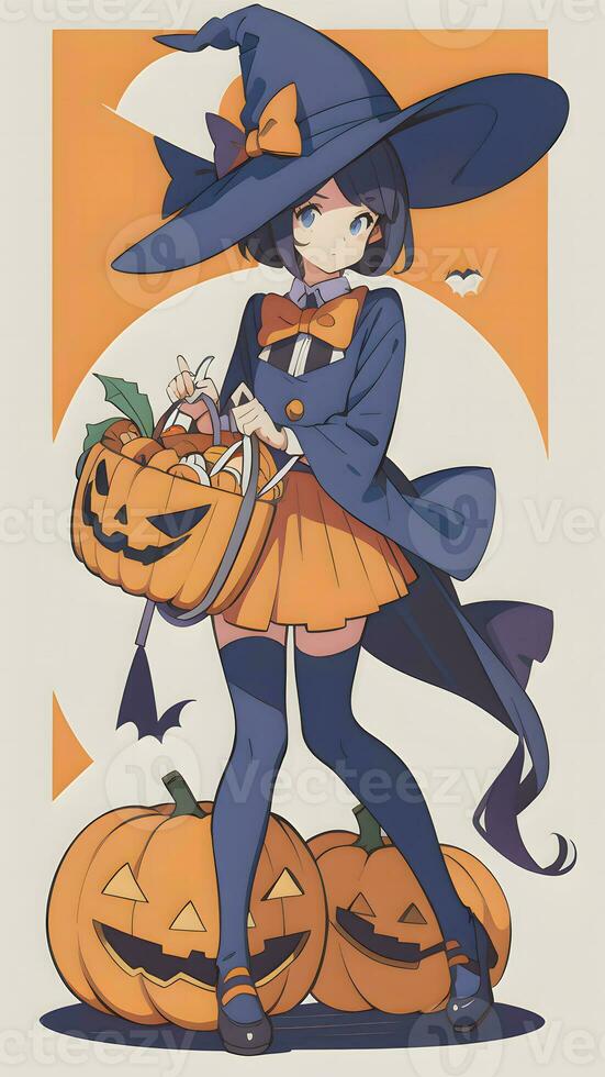 Preparing for Halloween A Cute Young Girl and His Pumpkin in Anime Style With Simple Background photo