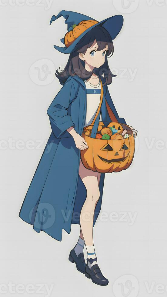 Preparing for Halloween A Cute Young Girl and His Pumpkin in Anime Style With Simple Background photo