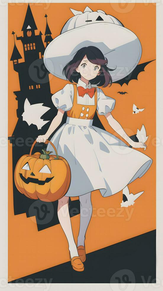 Preparing for Halloween A Cute Young Girl and His Pumpkin in Anime Style With Simple Background photo