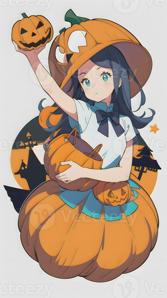 preparando para Víspera de Todos los Santos un linda joven niña y su calabaza en anime estilo con sencillo antecedentes foto