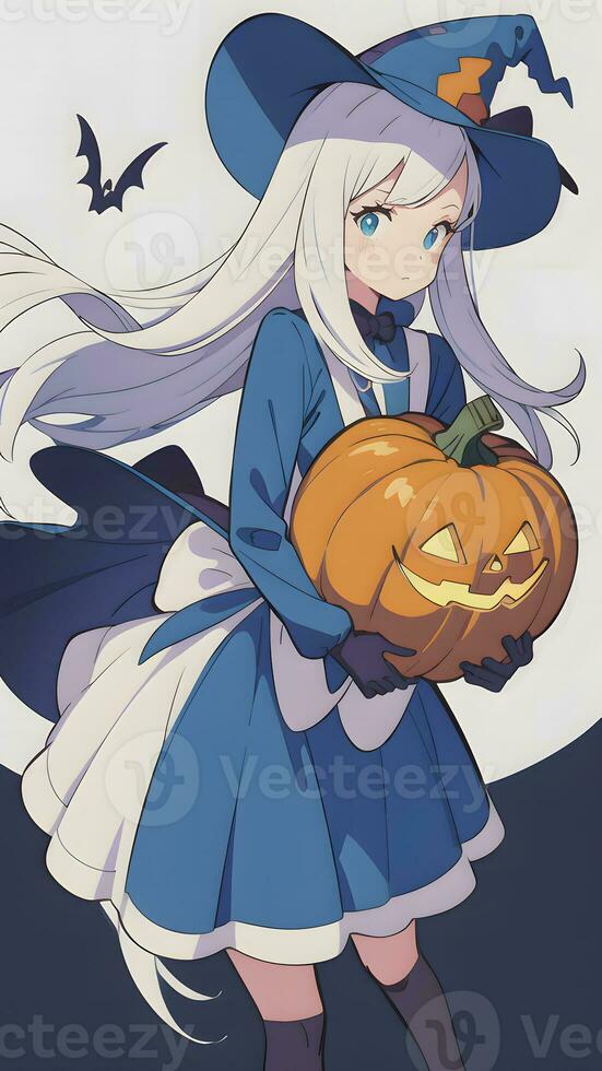 preparando para Víspera de Todos los Santos un linda joven niña y su calabaza en anime estilo con sencillo antecedentes foto