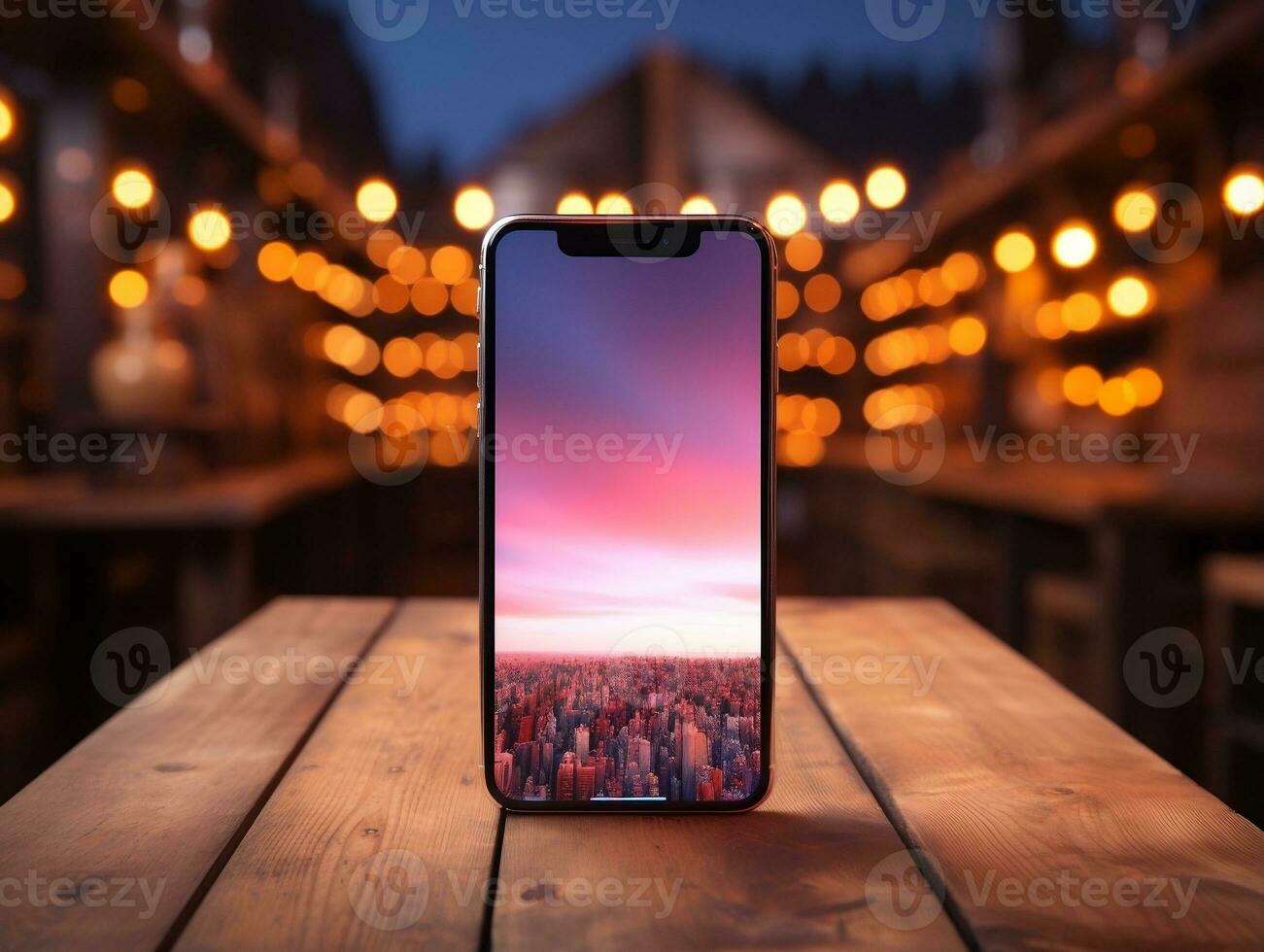 Smartphone mockup on wood desk with pink cinematic lighting and isolated background AI Generative photo