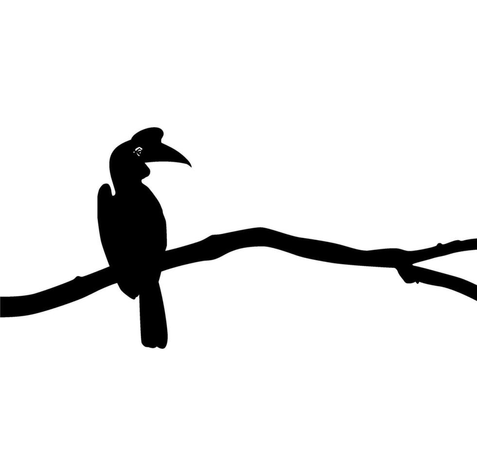 Great Horn Bird Silhouette Perched on the Branch Tree Silhouette. Vector Illustration